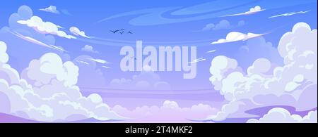 Blue sky with fluffy curve shaped clouds in anime style. Cartoon vector ...
