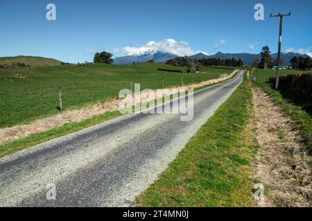 Rural backroad running through farm pasture land, Taranaki, New Zealand Stock Photo