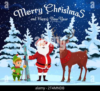 Christmas Santa stands with skis, elf and deer, ready to embark on a magical xmas journey through snowy landscape. Vector greeting with cartoon Noel, trusty reindeer and gnome personages in forest Stock Vector