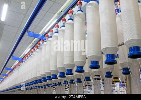 Spinning machinery parts and cotton yarn in the factory, closeup of ...