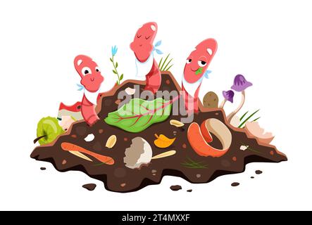 Cartoon earth worm characters eating compost or soil humus for vermicomposting vector poster. Funny earth worms in compost soil ground eating bio organic wastes or compostable organic garbage Stock Vector