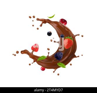 Brown chocolate cream and choco milk drink swirl splash with berries. Hot cacao, melted chocolate realistic vector splash with flying strawberry, cherry, cowberry and blackberry, raspberry, leaves Stock Vector