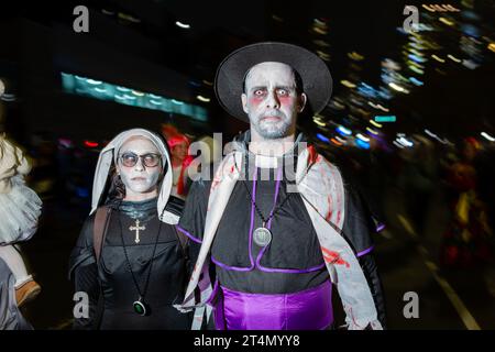 New York City, NY, USA. 31st Oct, 2023. The annual Greenwich Village Halloween Parade drew crowds of costumed participants along with bands, dance troupes, stilt walkers, commercial floats, and giant puppets. Credit: Ed Lefkowicz/Alamy Live News Stock Photo