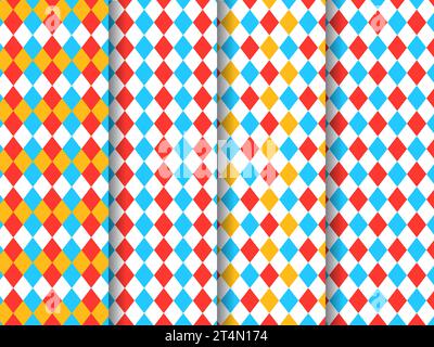 Circus harlequin patterns, rhombus lozenge pattern of bright color geometric ornament. Vector diamonds backgrounds set of retro carnival or fun fair show. Circus clown and chapiteau harlequin backdrop Stock Vector