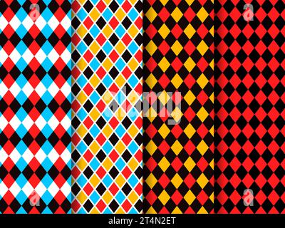 Circus red and black harlequin patterns, rhombus lozenge pattern of retro carnival, fun fair, chapiteau or masquerade vector backgrounds set. Abstract geometric ornament of color rhombus and diamonds Stock Vector