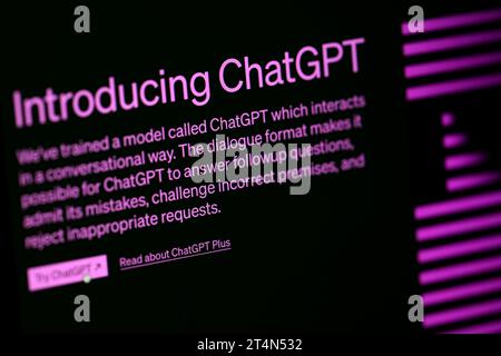 File photo dated 31/03/2023 of a general view of The ChatGPT website. A major summit on the safe use of artificial intelligence (AI) begins at Bletchley Park on Wednesday as the UK looks to take a global lead on the issue. Ahead of the summit, the UK has published a range of papers on the expansion of so-called "frontier AI", the cutting edge of the technology already being glimpsed in programmes such as generative AI apps like ChatGPT. Issue date: Wednesday November 1, 2023. Stock Photo