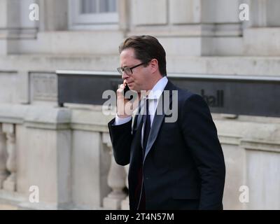 London, United Kingdom,  31 October 2023.  Alex Burghart, Conservative MP for Brentwood and Ongar at the Cabinet Office. Stock Photo