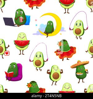 Cartoon Mexican avocado characters seamless pattern. Fabric seamless print or wrapper vector backdrop. Textile pattern with avocado cheerful personages eating chips, reading book and watching movie Stock Vector