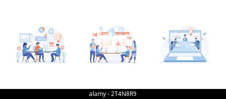 business meeting, business work flow, time management, planning, Corporate business team having a meeting in a virtual office room, set flat vector mo Stock Vector
