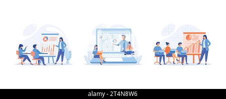 Business seminar speaker presentation and professional training about marketing, sales and e-commerce. set flat vector modern illustration Stock Vector