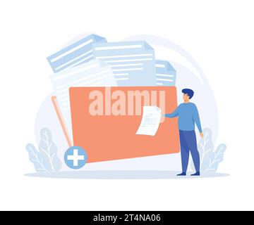Storage and indexing of information. Businessman adds file to big folder, flat vector modern illustration Stock Vector