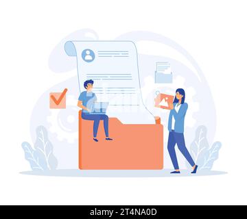 storage and indexing of information concept, office worker adds file to big folder, Database, flat vector modern illustration Stock Vector
