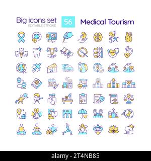 Editable multicolor big icons set for medical tourism Stock Vector