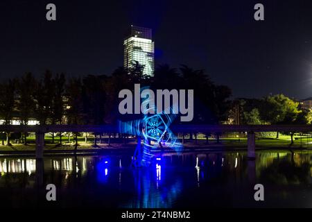 Luci d'Artista in Turin. Artistic light installation called Luce Fontana Ruota by the artist Gilberto Zorio. Stock Photo