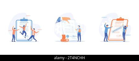 loan approved concept, happy business people with loan approved form, get loan from bank, set flat vector modern illustration Stock Vector