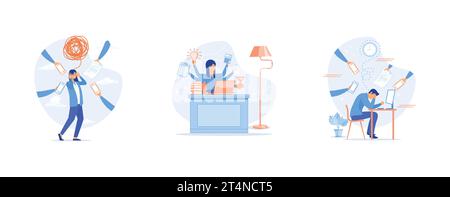 Multitasking concept, Time Management Planning and Scheduling, Business people Surrounded by Hands with Office Things, set flat vector modern illustra Stock Vector