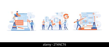 Blogging, Blogger. Freelance. Creative writing. Copy writer. Content management. set flat vector modern illustration Stock Vector