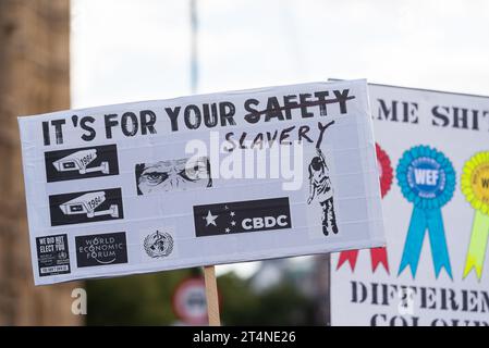 Protesters taking part in a Freedom Rally, protesting against a variety of forms of government control. Placard with CCTV, WEF, CBDC references Stock Photo