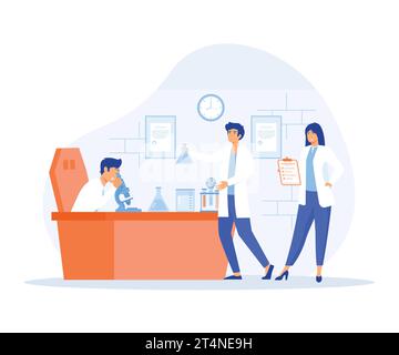 Scientific research concept, two men and woman working at science lab. Laboratory interior, equipment and lab glassware. flat vector modern illustrati Stock Vector
