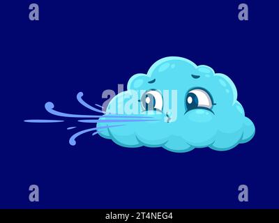 Cartoon cute wind weather character, isolated vector light blue whimsical cloud blowing swirling air flows from mouth. Playful, energetic and environmental friendly puffy personage for windy forecast Stock Vector