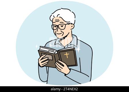 Elderly man looks into Holy Scripture. Pensioner is reading Bible. Grandfather holding open Cods book. Old christian praying, asks for help, blessings from higher powers. Vector linear illustration. Stock Vector