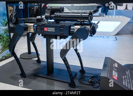 Seongnam, South Korea - Oct 21 2023: Rainbow Robotics Quadruped Robot displayed at Seoul airshow ADEX 2023. Stock Photo