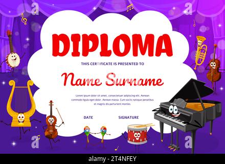 Musical diploma with cartoon instruments characters on the stage. Kids musical education success or achievement vector diploma with banjo, lyre, violin, maracas and drum, piano, cello cute personages Stock Vector