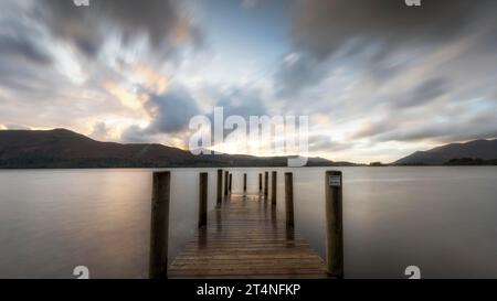 Sunset, Derwent Water, jetty in the water, Lake District National Park, Cumbria, England, United Kingdom Stock Photo