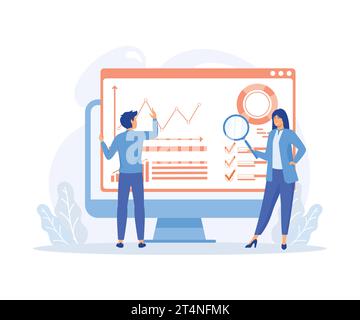 usiness people working for data analytics and monitoring on web report dashboard monitor, flat vector modern illustration Stock Vector