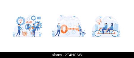 Communication and teamwork concept, people working together in team, entrepreneur go to the door with a key, Creative Idea Teamwork. set flat vector m Stock Vector