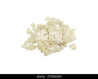 Pile of peeled flaked almonds isolated on white. Blanched almonds flakes on white. Stock Photo