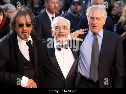 (From L R) Al Pacino, Martin Scorsese and Robert De Niro attend the international film premiere of 'The Irishman' at Odeon Luxe Leicester Square in London. (Photo by Fred Duval / SOPA Images/Sipa USA) Stock Photo