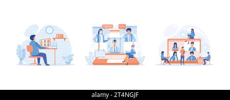 video conference, remote work, technology concept, Worker using computer for collective virtual meeting and group video conference, set flat vector mo Stock Vector