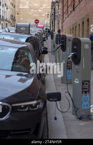 Charging stations for e-cars on a street in front of the Pantheon, Paris, France Stock Photo
