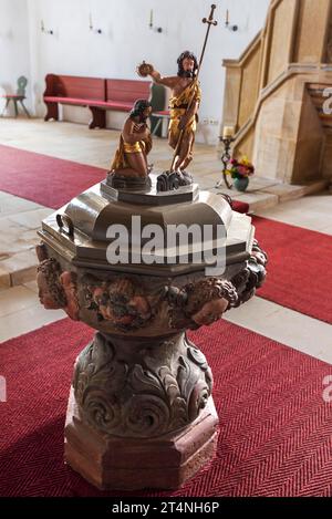 Baptismal font in the late Gothic church of St. John the Baptist, Limmersdorf, Upper Franconia, Bavaria, Germany Stock Photo