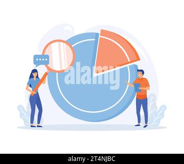 Statistical analysis concept, Man and girl with magnifying glass look at graphs and charts. Work with statistics and marketing research, flat vector m Stock Vector