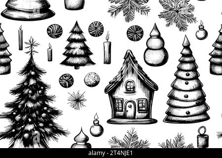 Set hand drawn sketches Cute house and Christmas trees in winter on Christmas Eve and New Year Eve Stock Vector