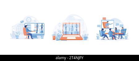 Video conferencing and online communication vector concept. work from home and work from anywhere, set flat vector modern illustration Stock Vector