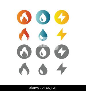Gas, water and electricity vector icon set. Utilities with fire, drop and bolt icons. Stock Vector