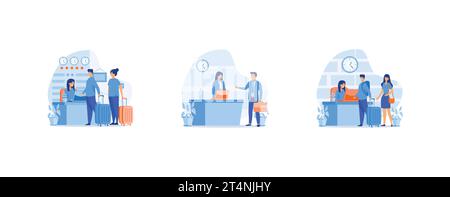 Hotel reception concept, registration hotel service, check in to hotel, Scene of visit to service center, set flat vector modern illustration Stock Vector