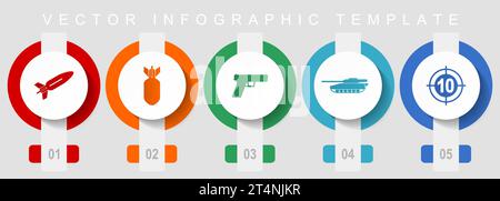 War flat design icon set, miscellaneous icons such as missle, bomb, gun, tank and target, vector infographic template, web buttons collection Stock Vector