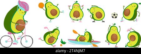 Avocado doing yoga and fitness training. Isolated avocados cartoon characters, play basketball, football and golf. Active lifestyle nowaday vector Stock Vector