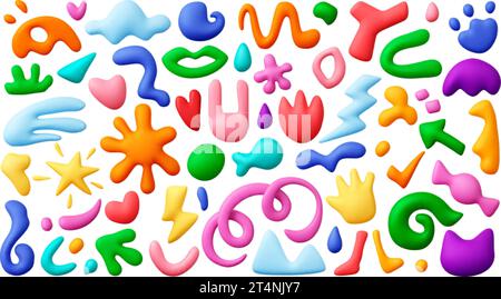 Childish 3d shapes. Flowing and liquid forms, realistic plasticine doodle clipart. Abstract clouds, flowers, stars and blobs. Modern pithy vector set Stock Vector