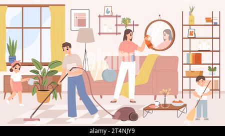 Cartoon happy family clean home, parents and children cleaning living room. Adults and kids doing seasonal housework together, snugly vector scene Stock Vector