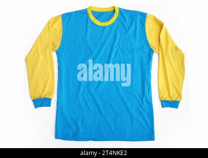 Blank long-sleeve t-shirt mock-up template, t-shirt front view, isolated on white background, plain blue and yellow t-shirt mockup. Long sleeve t-shir Stock Photo