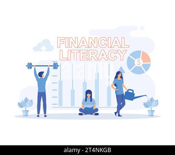 FINANCIAL LITERACY. modern financial education. Young men and women characters in different movements around words FINANCIAL LITERACY. flat vector mod Stock Vector