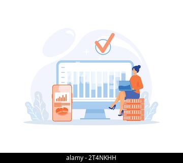 Big Data and Cloud Computing, Business characters using remote servers to analyzing large sets of data and recognizing mistakes, flat vector modern il Stock Vector