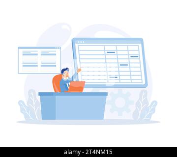 Man working with big data and databases, making analysis and report with spreadsheets on computer. flat vector modern illustration Stock Vector