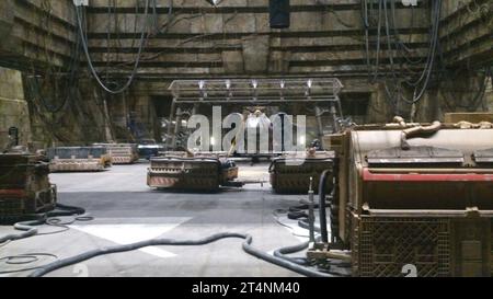 Star Wars Rogue One A Star Wars Story Rebel Base Yavin 4 set picture featuring an X-Wing Fighter taken at RAF Cardington Studios, Bedford UK in 2015. Stock Photo