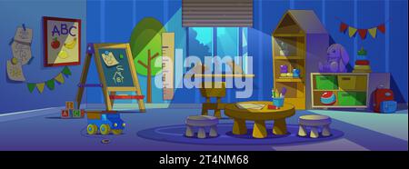 Kindergarten classroom at night cartoon interior. Preschool room for kid with toy, table and chair. Painting activity, recreation and education indoor furniture and moonlight from window concept. Stock Vector